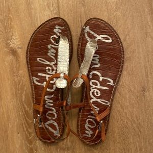 Sam Edelman T strap sandals with tan and silver